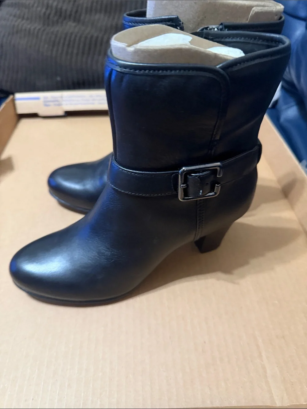 Clarks Black Leather Mid-Heel Ankle Booties with Buckle